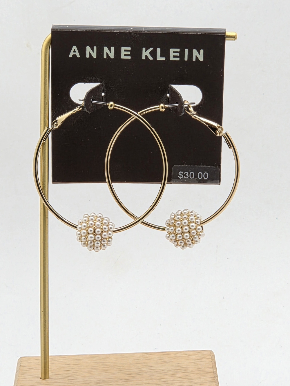 Anne Klein Gold Tone Faux Pearl Beaded Pave Ball Hoop Earrings NWT $30